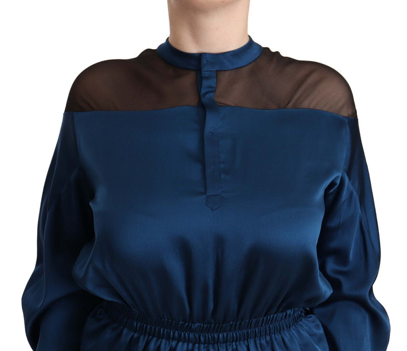 Masha Ma Blouse en Soie Bleue à Manches Longues et Taille Élastique