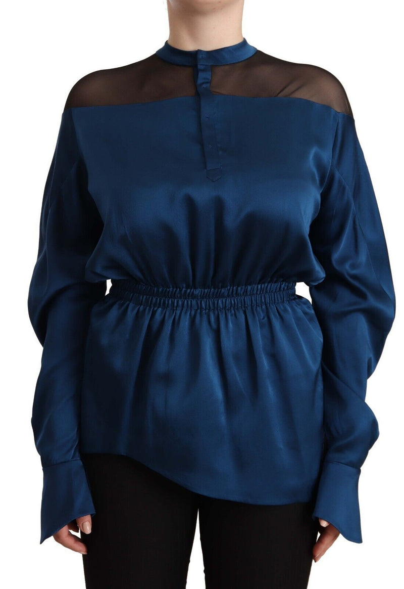 Masha Ma Blouse en Soie Bleue à Manches Longues et Taille Élastique