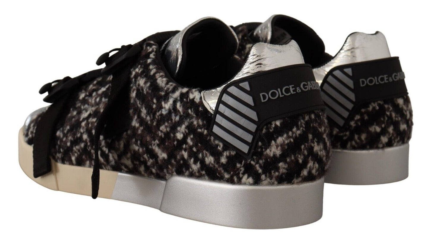 Sneakers en cuir argenté et coton brun avec laine, Dolce & Gabbana