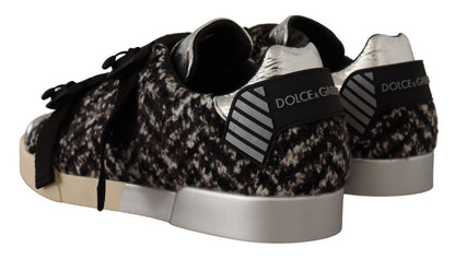 Sneakers en cuir argenté et coton brun avec laine, Dolce & Gabbana