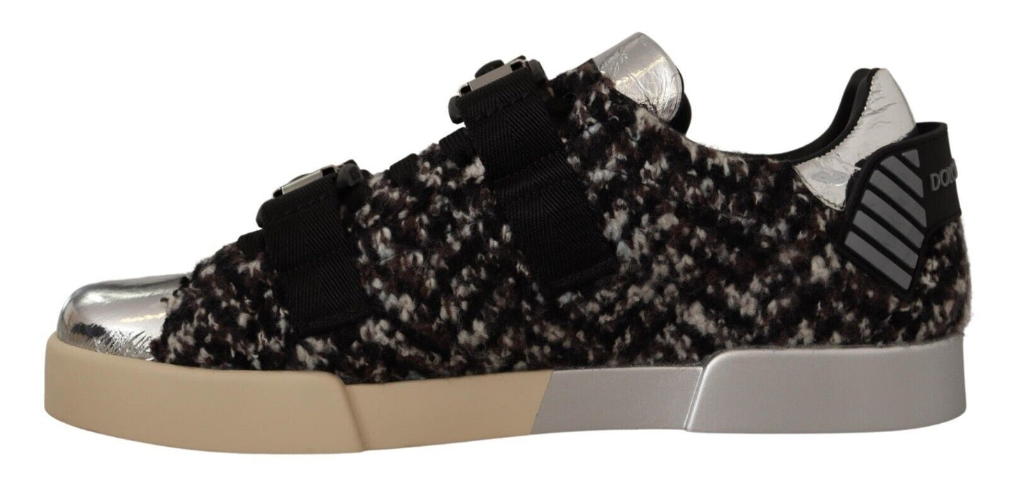 Sneakers en cuir argenté et coton brun avec laine, Dolce & Gabbana