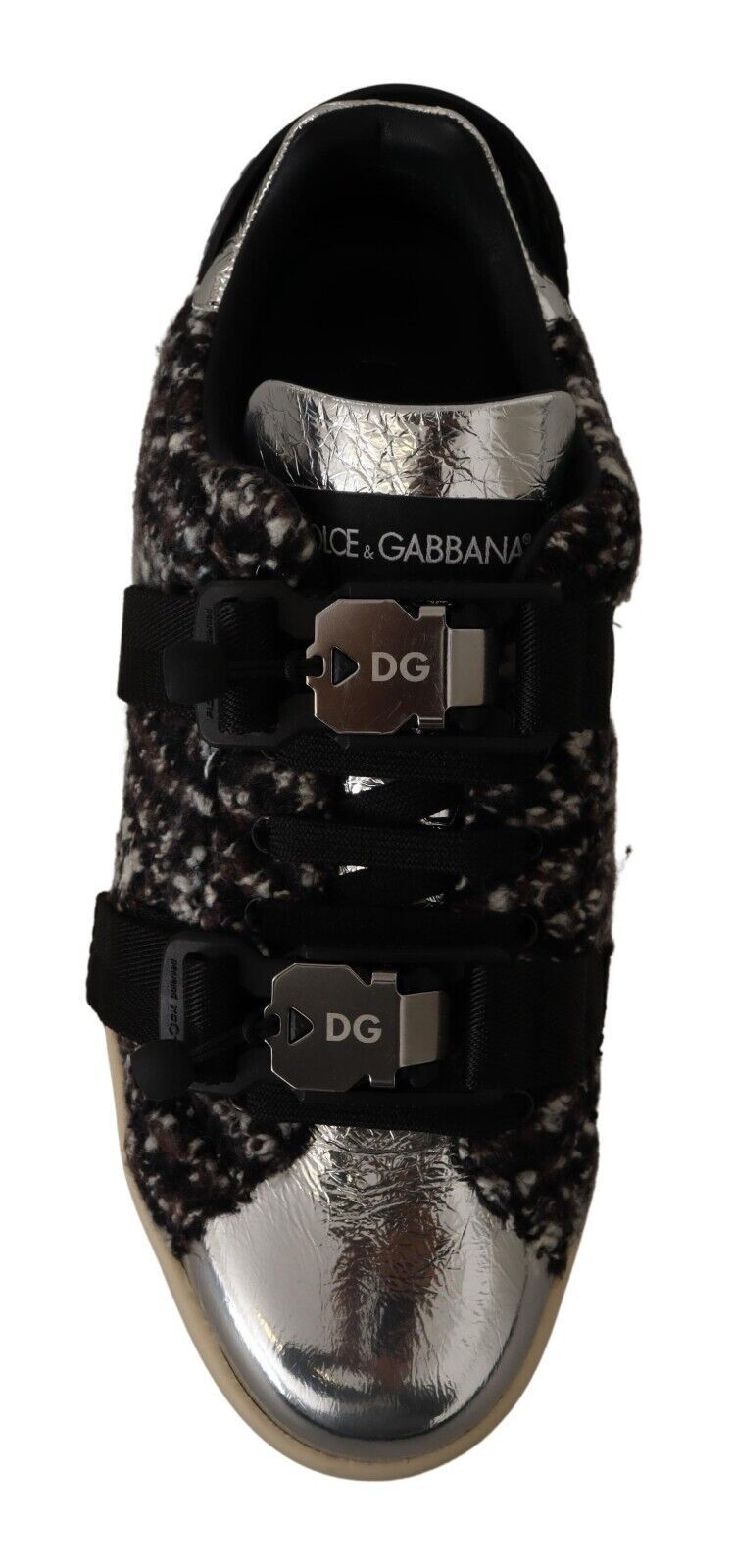 Sneakers en cuir argenté et coton brun avec laine, Dolce & Gabbana