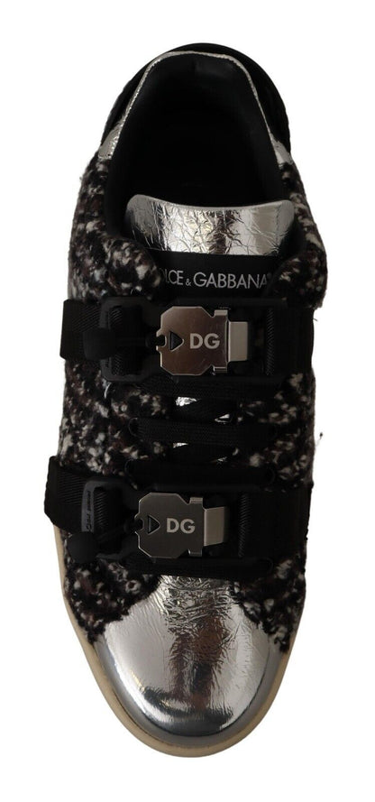 Sneakers en cuir argenté et coton brun avec laine, Dolce & Gabbana