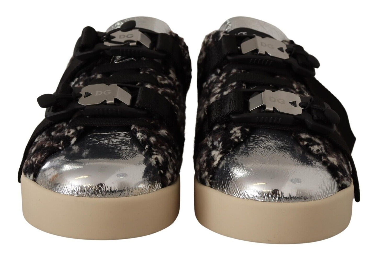 Sneakers en cuir argenté et coton brun avec laine, Dolce & Gabbana
