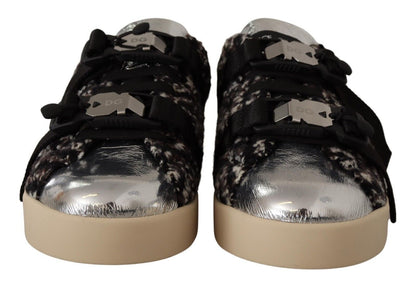Sneakers en cuir argenté et coton brun avec laine, Dolce & Gabbana