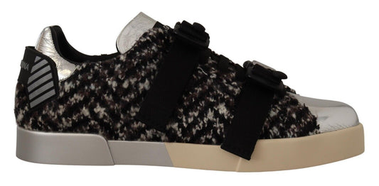 Sneakers en cuir argenté et coton brun avec laine, Dolce & Gabbana