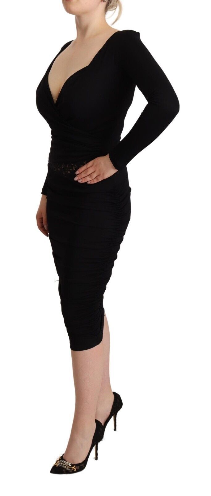 GF Ferre Robe Midi Noire à Manches Longues et Décolleté Coeur