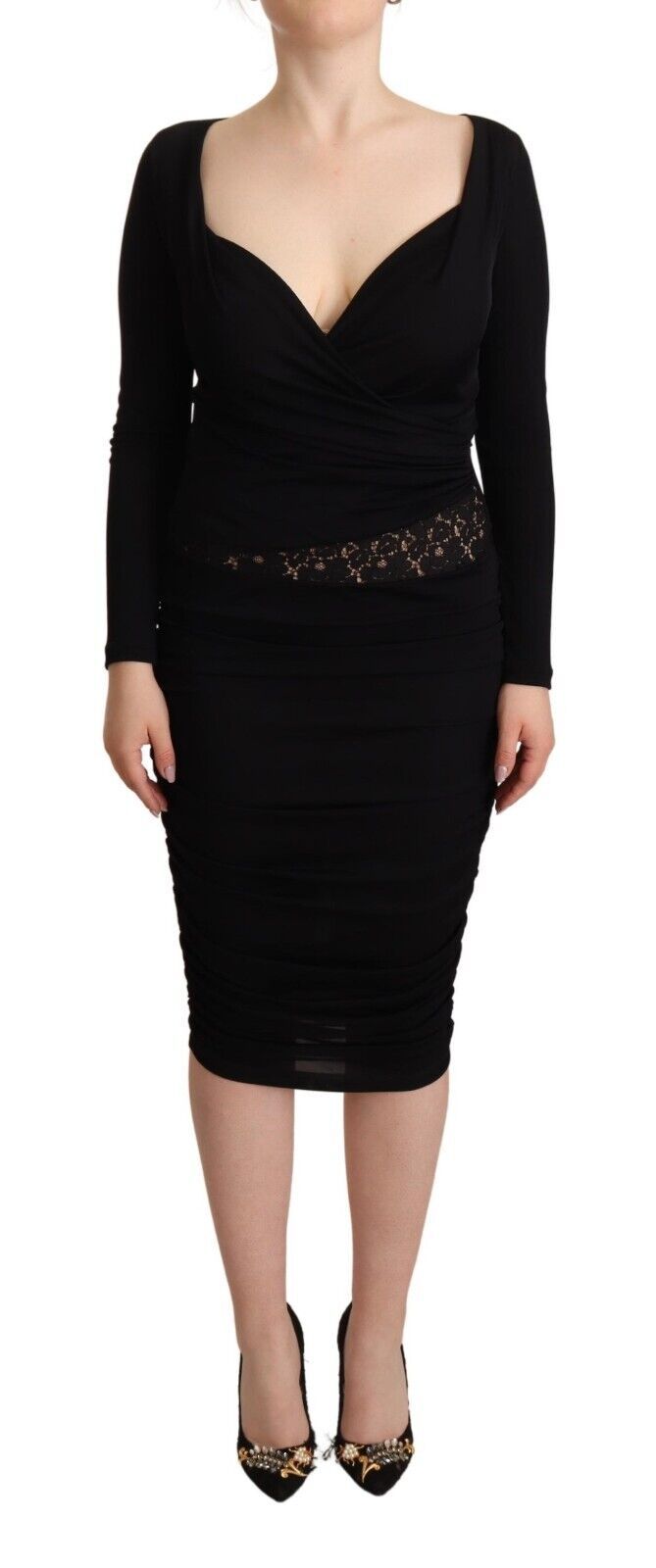GF Ferre Robe Midi Noire à Manches Longues et Décolleté Coeur