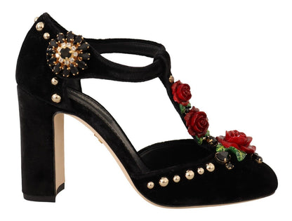 Dolce & Gabbana zwarte Mary Jane pumps met rozen en kristallen