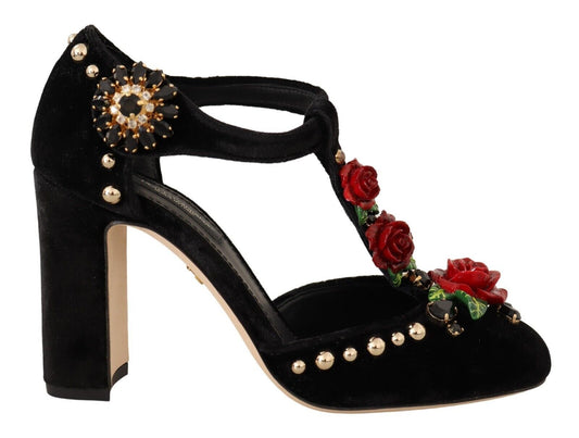 Dolce & Gabbana zwarte Mary Jane pumps met rozen en kristallen
