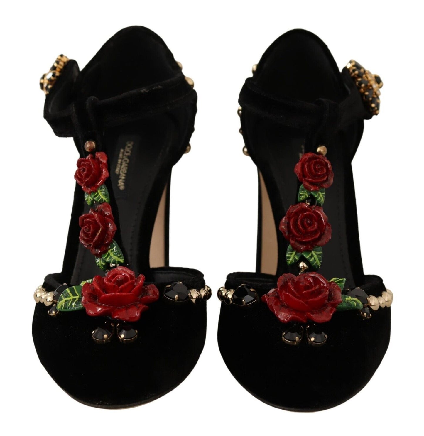 Dolce & Gabbana zwarte Mary Jane pumps met rozen en kristallen