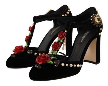 Dolce & Gabbana zwarte Mary Jane pumps met rozen en kristallen