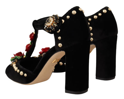 Dolce & Gabbana zwarte Mary Jane pumps met rozen en kristallen