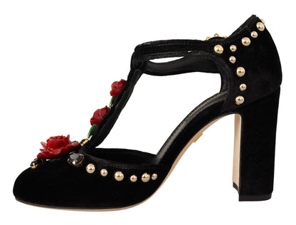 Dolce & Gabbana zwarte Mary Jane pumps met rozen en kristallen