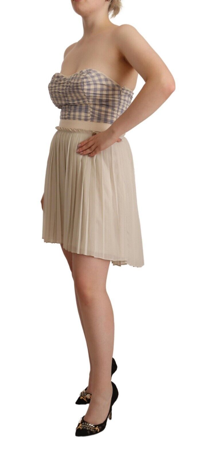 Robe Bustier A-Line Plissée à Carreaux Beige Guess