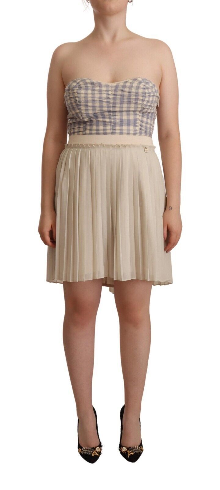 Robe Bustier A-Line Plissée à Carreaux Beige Guess
