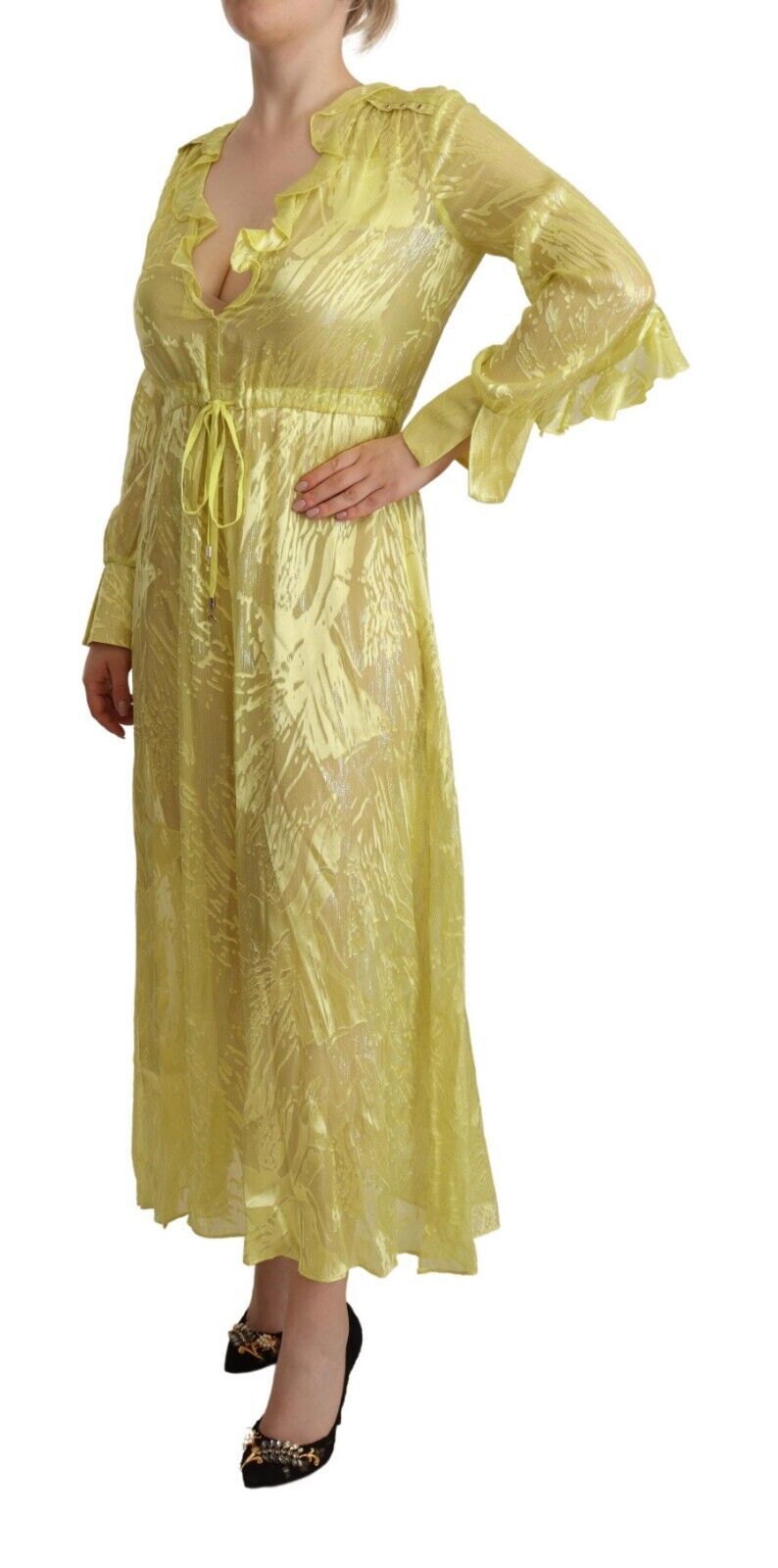 Robe Maxi Plongeante à Manches Longues en Soie Jaune Patrizia Pepe