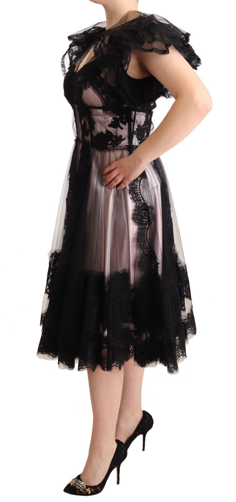 Robe midi trapèze en dentelle transparente noire et rose à motifs floraux de Dolce & Gabbana