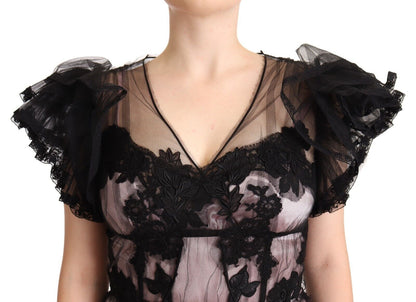 Robe midi trapèze en dentelle transparente noire et rose à motifs floraux de Dolce & Gabbana