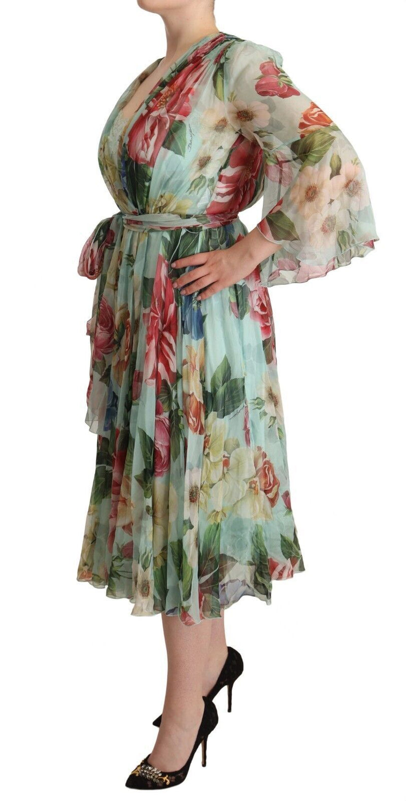 Robe Midi à Fleurs Vertes à Manches Longues V en Soie - Dolce & Gabbana