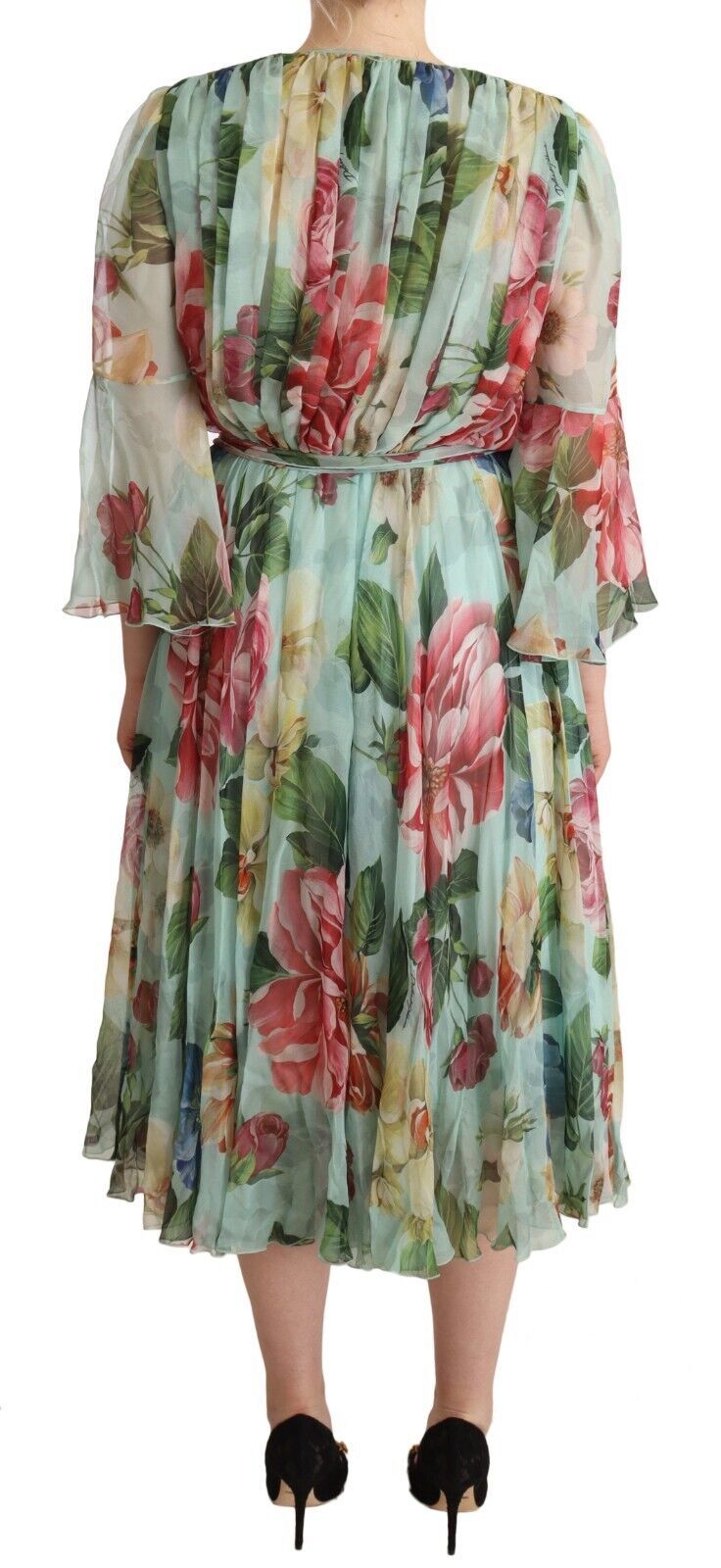 Robe Midi à Fleurs Vertes à Manches Longues V en Soie - Dolce & Gabbana