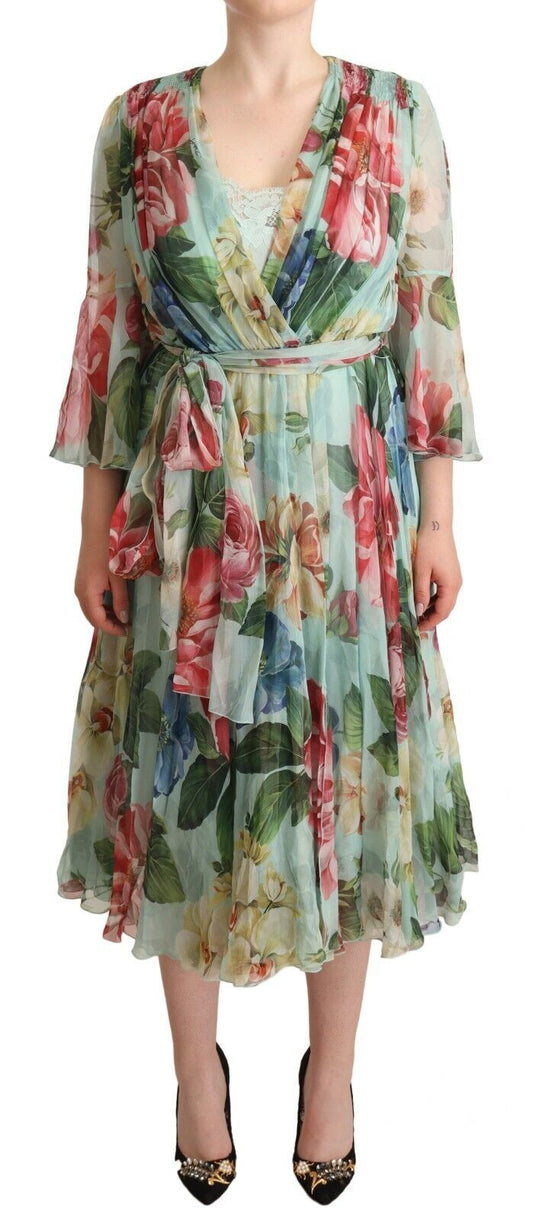 Dolce & Gabbana groene midi-jurk met bloemenprint, lange mouwen en V-hals.