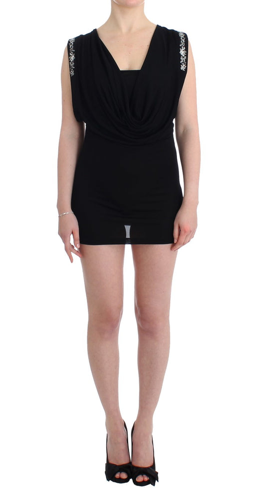 Roccobarocco Robe courte moulante en jersey noir ornée de strass