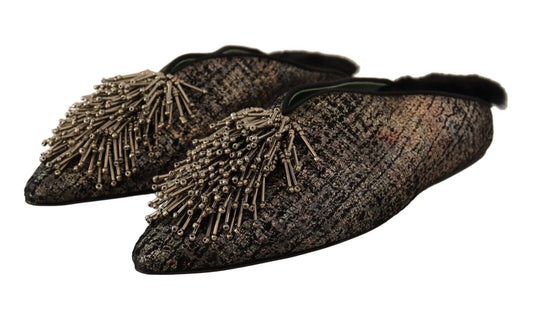 Paola D'Arcano Goudkleurige Jacquard Lederen Slipper met Versieringen