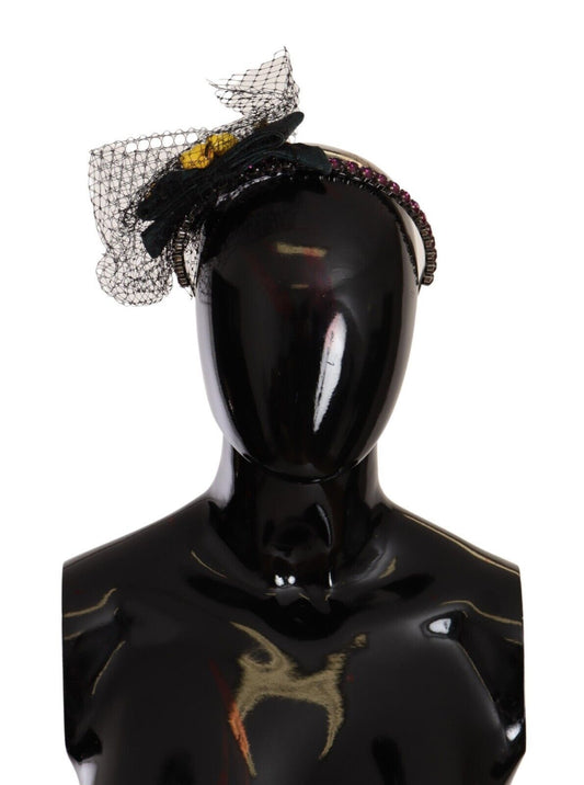 Serre-tête diadème en maille noire Dolce & Gabbana avec cristaux argentés et fruits