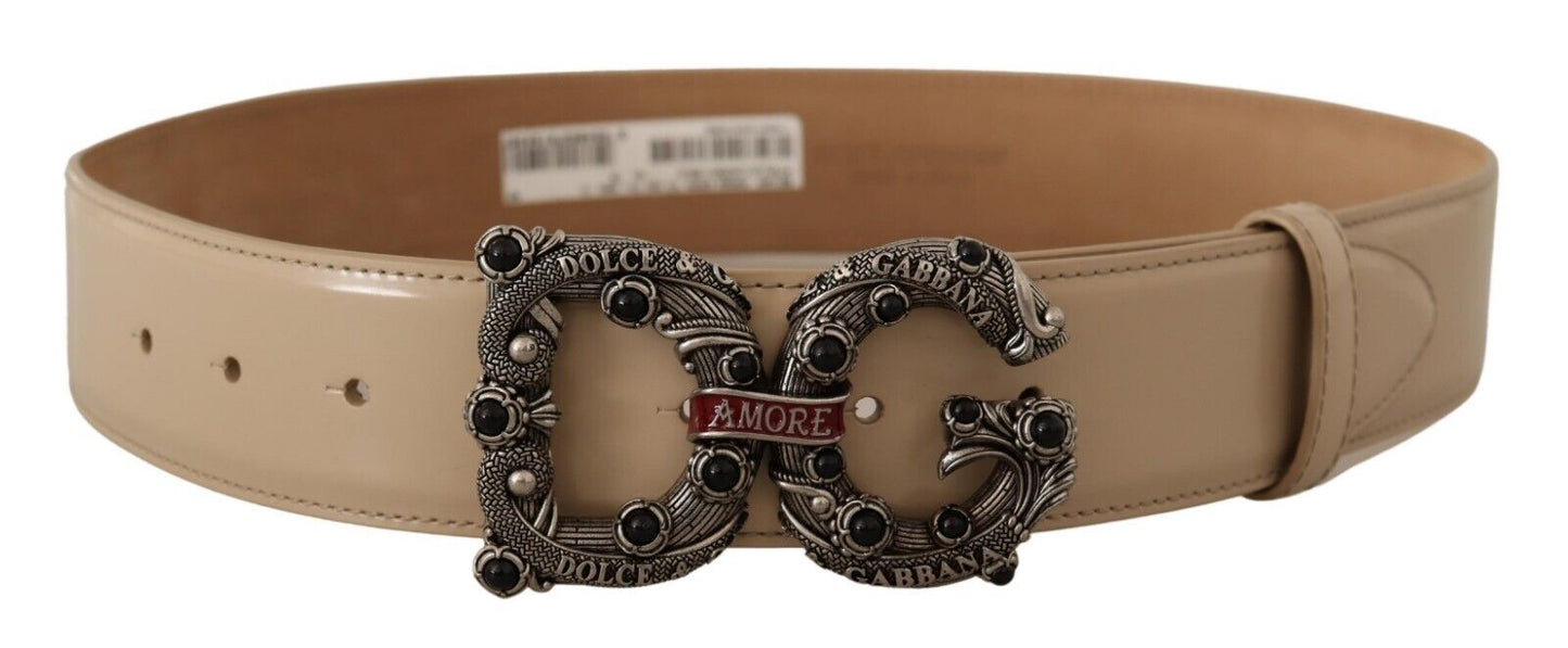 Ceinture Dolce & Gabbana Amore en cuir beige avec boucle à logo argenté