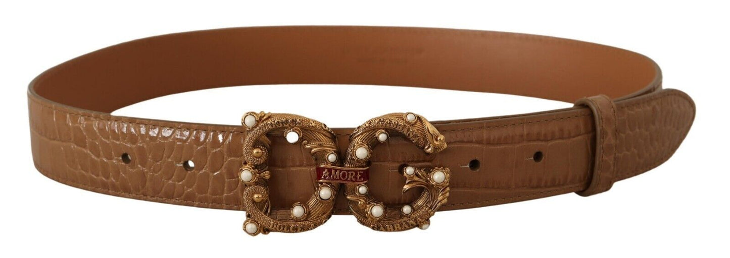 Ceinture Dolce & Gabbana en cuir marron à motif crocodile et logo Amore
