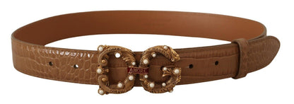 Ceinture Dolce & Gabbana en cuir marron à motif crocodile et logo Amore