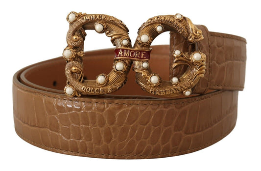 Ceinture Dolce & Gabbana en cuir marron à motif crocodile et logo Amore