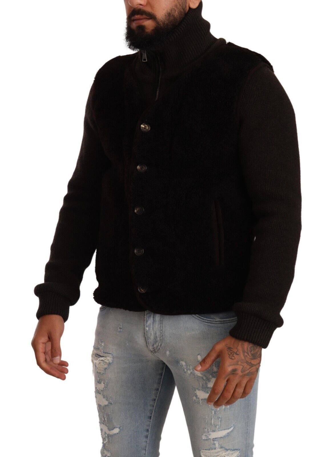 Dolce & Gabbana - Veste-manteau col montant en cuir noir pour homme