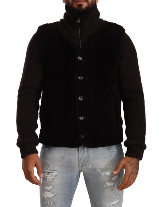 Dolce & Gabbana - Veste-manteau col montant en cuir noir pour homme
