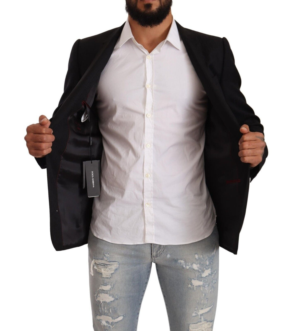 Dolce &amp; Gabbana Costume-cravate noir en laine à simple boutonnage, veste dorée.