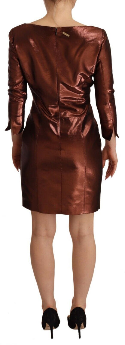 Robe fourreau GF Ferre, manches longues, col carré, couleur brun métallisé.