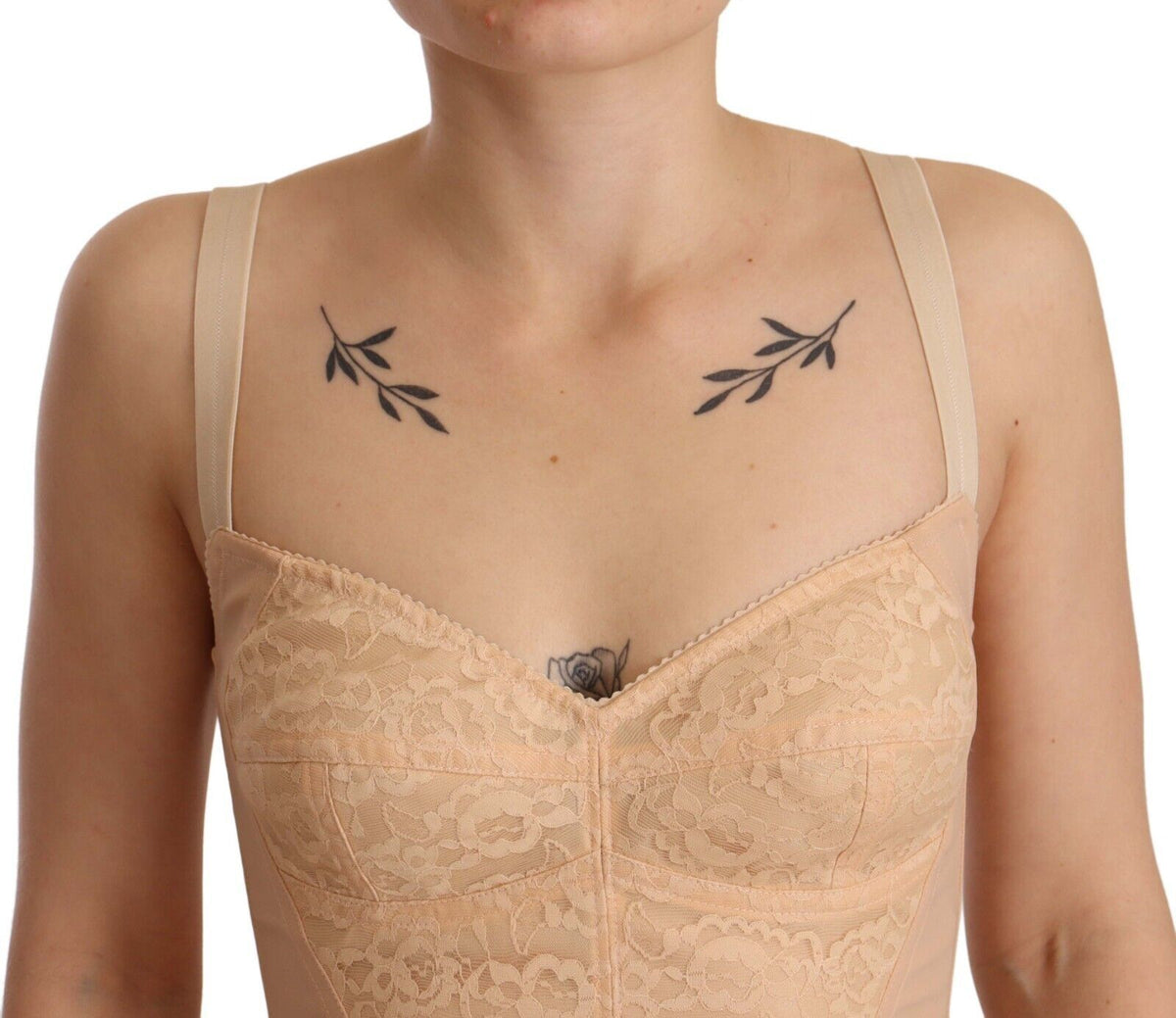 Dolce & Gabbana Beige Nylon Floral Lace Bodysuit