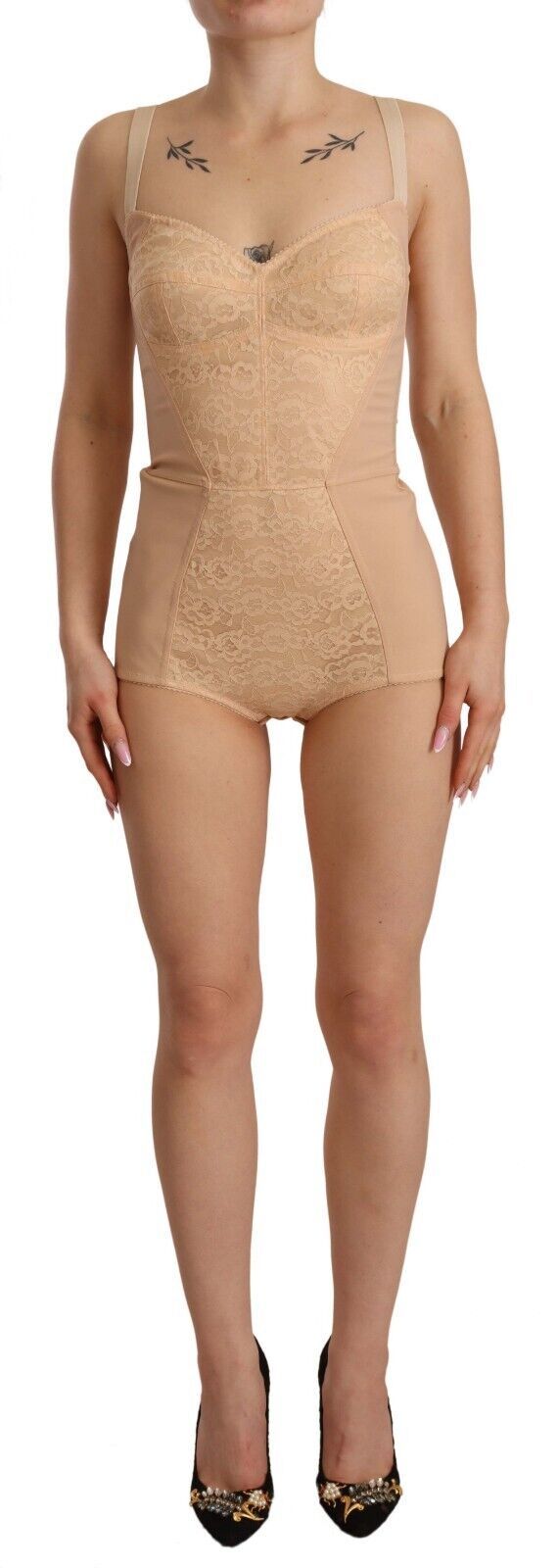 Dolce & Gabbana Beige Nylon Floral Lace Bodysuit