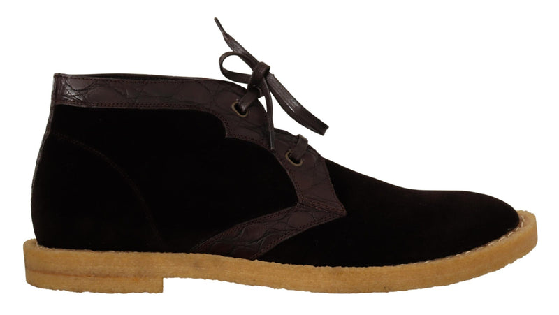 Dolce & Gabbana Brown Velvet Exotic Leather Ankle Boots
