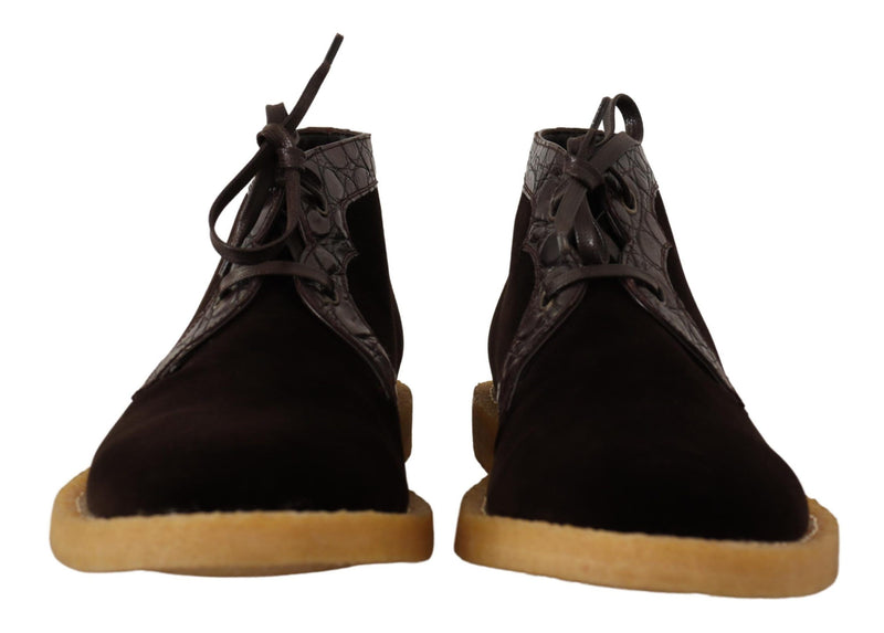 Dolce & Gabbana Brown Velvet Exotic Leather Ankle Boots