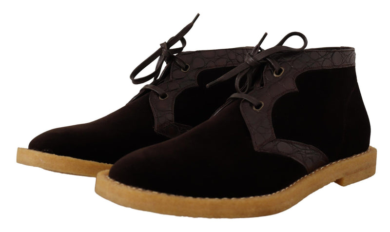 Dolce & Gabbana Brown Velvet Exotic Leather Ankle Boots