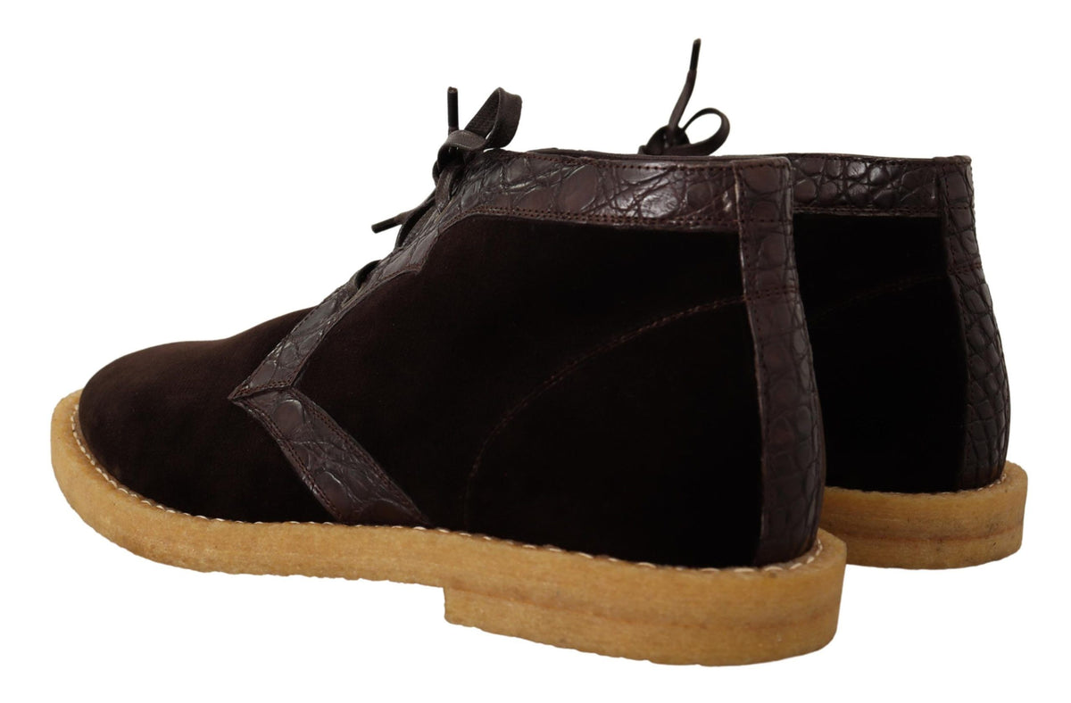 Dolce & Gabbana Brown Velvet Exotic Leather Ankle Boots