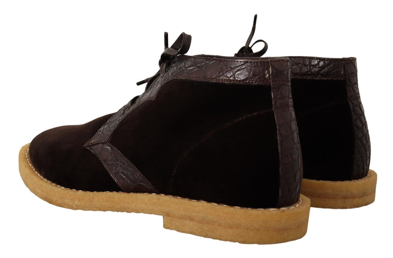 Dolce & Gabbana Brown Velvet Exotic Leather Ankle Boots