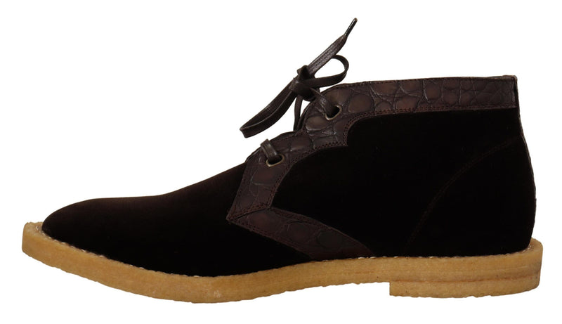 Dolce & Gabbana Brown Velvet Exotic Leather Ankle Boots