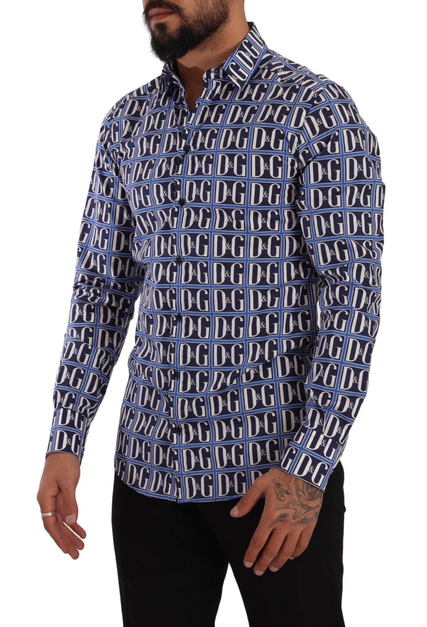 Chemise en coton à manches longues à rayures bleues et logo "Mania" de Dolce & Gabbana, coupe slim.