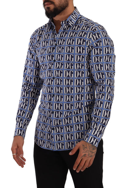 Chemise en coton à manches longues à rayures bleues et logo "Mania" de Dolce & Gabbana, coupe slim.