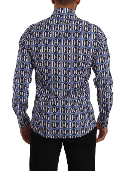 Chemise en coton à manches longues à rayures bleues et logo "Mania" de Dolce & Gabbana, coupe slim.