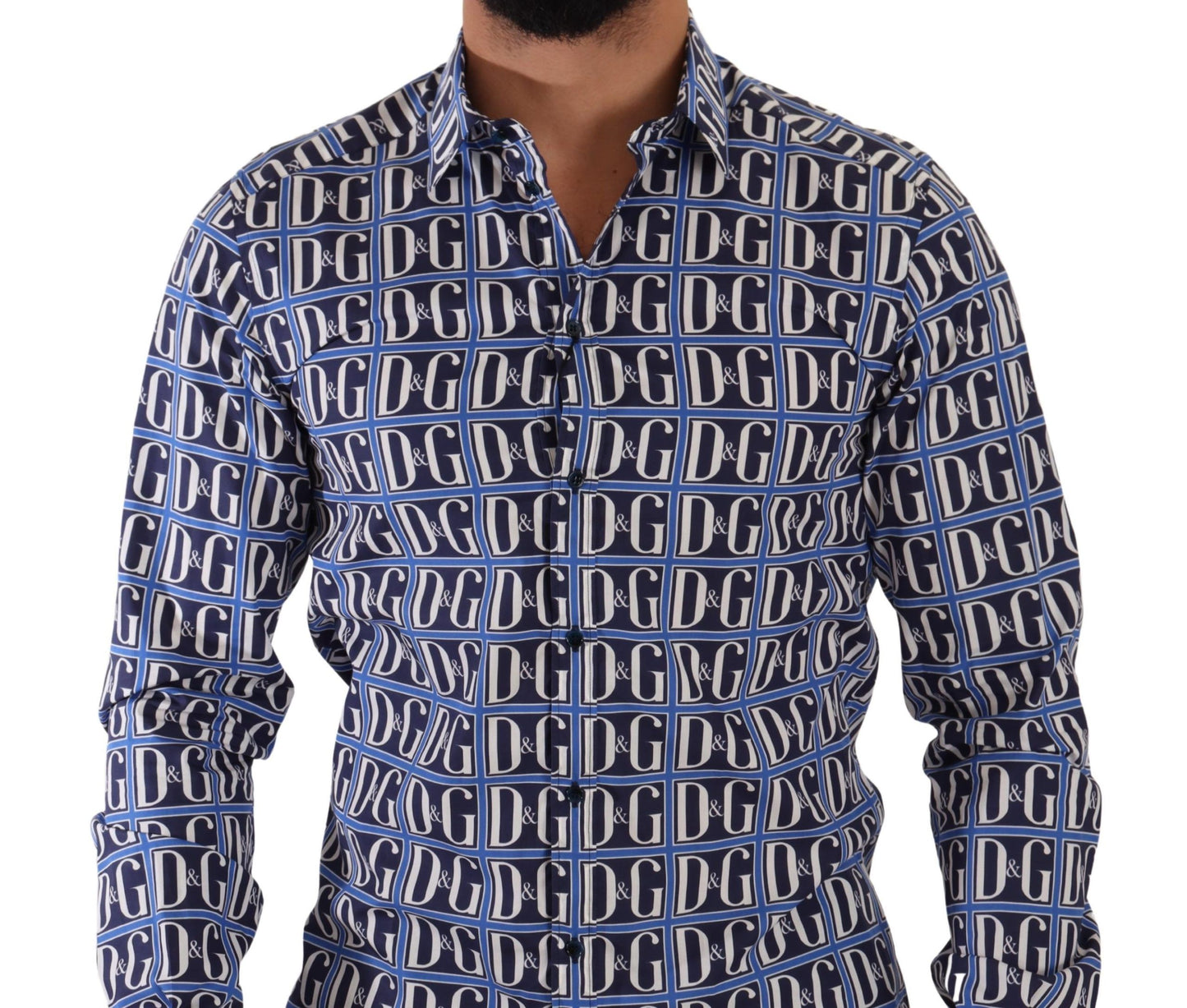 Chemise en coton à manches longues à rayures bleues et logo "Mania" de Dolce & Gabbana, coupe slim.