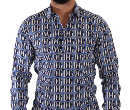 Chemise en coton à manches longues à rayures bleues et logo "Mania" de Dolce & Gabbana, coupe slim.